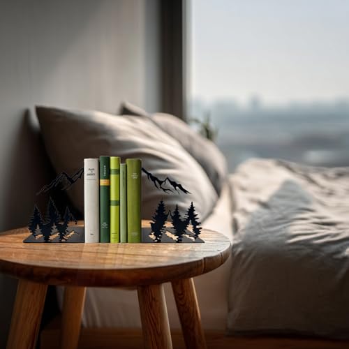 Matte Black Decorative Metal Mountain Bookends, Modern Aesthetic Decor for Home Office, Library or Studio Shelves, Unique Gift for Book Lovers - color: Mountain