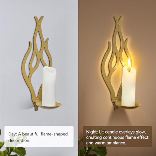 Wall Candle Sconces Set of 2, Modern Minimalist Metal Candle Holders for Pillar, Tealight, and LED Candles, Flame-Shaped Decorative Wall Decor for Living Room Dining Room (Golden Tan) - color: Golden Tan Flame-shaped