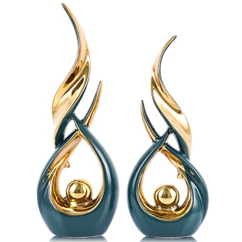 XMGZQ Gold Ceramic Abstract 2 Piece Statue Set,Mid Century Modern Abstract Art Home Decor Statue Mantelpiece on Unique Shelf Decor, TV Cabinet Divider Table top and Dining Table Centerpiece (Green) - color: Green
