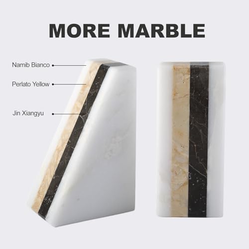 Karibiber Marble Book Ends, Non-Skid Bookends for Shelves, Composite Bookend with Natural Marble, Heavy Duty Book Stopper, Collected CDs and Oversized Books Organizer, Gold & Black Decorative Bookends - color: White&gold& Black