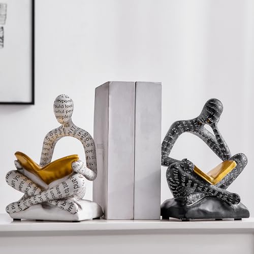 Bookends for Shelves, Decorative Book Ends, Heavy Duty Book Stoppers, Thinker Statue Decor, Modern Home Office Decoration Bookshelf Accessories