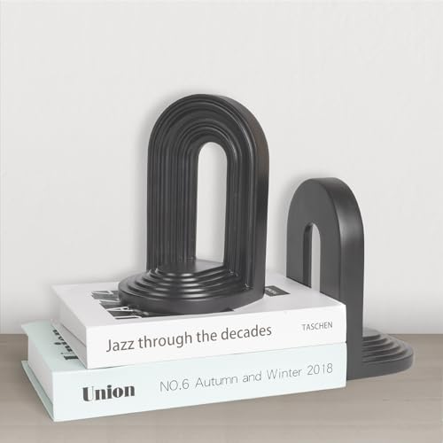 AELS Mordern Bookends, Mid Century Arch Heavy Duty Book Ends, Unique Decorative Bookend Supports for Shelves, Office Desktop Book Stand, Stopper for Books/Movies/CD, Black - color: Black, size: L - 8.9x7.4x4.9 inch