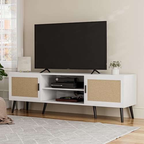 TV Stand for TVs up to 65 Inch, Modern Entertainment Center with Storage, Media Console Table with 2 Cabinets & Shelves, Wooden TV Stand for Living Room Bedroom, White - color: White