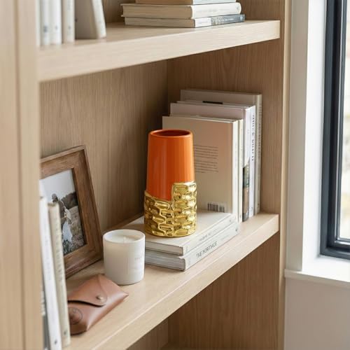 LCCCK 7.0" Gold Hammered Vase Home Decor, Elegant Ceramic Orange and Gold Flower Vase for Pampas Grass Decorative, Boho Small Cylinder Vases Centerpiece, Dining Table Living Room Jarrones Art - color: Orange and Gold