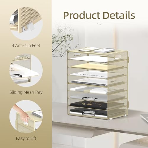 DALTACK 9-Tier Paper Organizer for Desk, Mesh Letter Tray Desk Organizer with Handles, Space-Saving File Organizer for Office Home School, Golden Yellow - color: Desk Organizer Golden Yellow