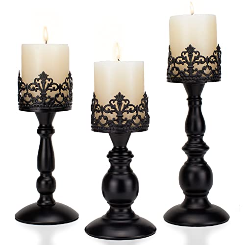 Vintage Pillar Candle Holders for Table Centerpiece Set of 3-11'' 9'' 8'' - Matte Black Metal Candle Stands Decorative - Candle Centerpiece for Table Fireplace Decor - Gothic Candle Holder - color: Matte Black