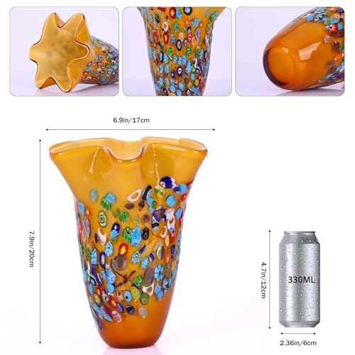 DOVDOV Handmade Glass Blown Orange Wide Mouth Irregular Vase, Modern Art Decoration for Home Office Living Room Dining Table Centerpiece