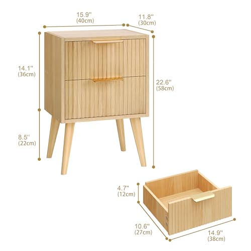 YAUKOMEL Fluted Nightstand,Small Bedside Table,Natural Wood Night Stand,Light Wood Side Table with Solid Wood Legs,End Table for Bedroom,Small Space 11.8" D x 15.7" W x 22.8" H Natural CTG55Y - color: Natural, style: Fluted Style