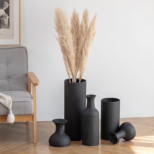 Sziqiqi Black Tall Floor Vase: Large Ribbed Metal Vases 27/20/16in for Living Room, Modern for Pampas Grass, Oversized Standing Vase for Fireplace, Home Corner, Hallway, Office - color: Black
