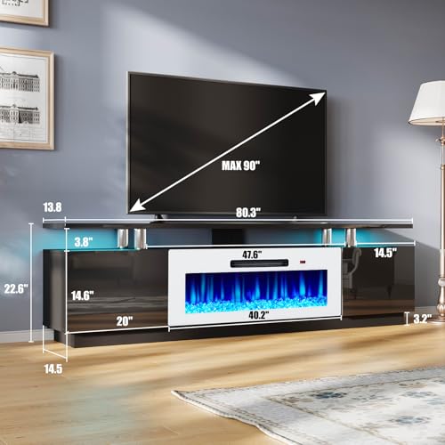 AMERLIFE Fireplace TV Stand with 40" Fireplace, 80" Modern Fireplace Entertainment Center LED Lights, 2 Tier TV Console Cabinet for TVs Up to 90", Black & White - color: Black & White, size: 80"