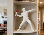 Banksy Flower Thrower Sculpture, 8.5 inch White Banksy Street Graffiti Art Statue Replica, Inspirational Sculpture Gifts Peace Hope - color: White