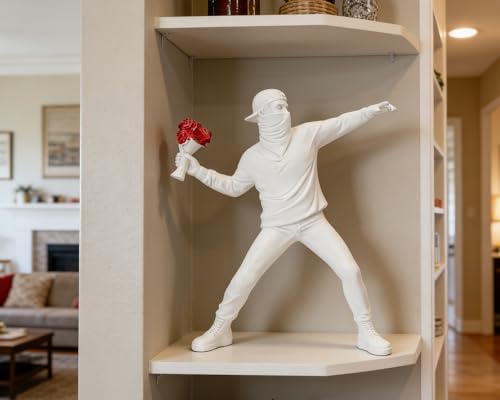 Banksy Flower Thrower Sculpture, 8.5 inch White Banksy Street Graffiti Art Statue Replica, Inspirational Sculpture Gifts Peace Hope - color: White