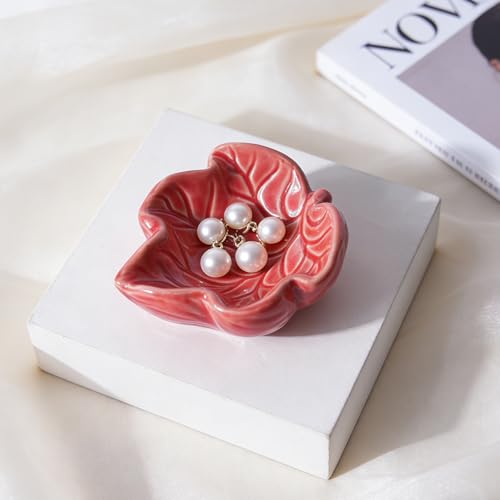 Jewelry Tray, Ceramic Leaves Jewelry Dish, Ring Holder Dish, Small Trinket Tray, Washable Key Bowl(Red) - color: Red