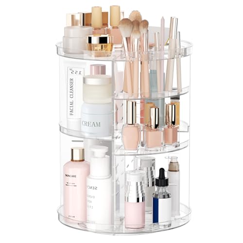 Rotating Makeup Organizer, DIY 8 Adjustable Layers Spinning Skincare Organizer, Cosmetic Display Case with Brush Holder Perfume Tray, Multi-Function Storage Carousel for Vanity Bathroom Countertop - color: Clear