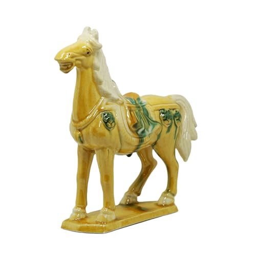 Handmade Tang Dynasty Tri-Color Horse Ceramic Sculpture - 19cm Traditional Chinese Cultural Art Decor - Symbol of Prosperity & Good Fortune - Perfect for Home, Office, Bookcase Shelf (Yellow) - color: Yellow