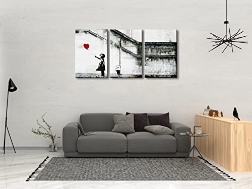 Wieco Art Banksy Grafitti Girl with Red Balloon Modern 3 Piece Famous Canvas Paintings Wall Art Inspirational Grey Love Pictures Print Artwork for Dining Room Kitchen Home Office Decor - color: Girl with Red Balloon, size: 16 x 24 inches (Unframed)