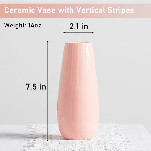 Pink Ceramic Vase, 7.5 Inch Flower Vase with Vertical Stripes for Pampas Calla Lily Tulip, Minimalism Modern Style for Housewarming, Weddings, Birthday, Christmas, Thanksgiving, New Year - color: Pink