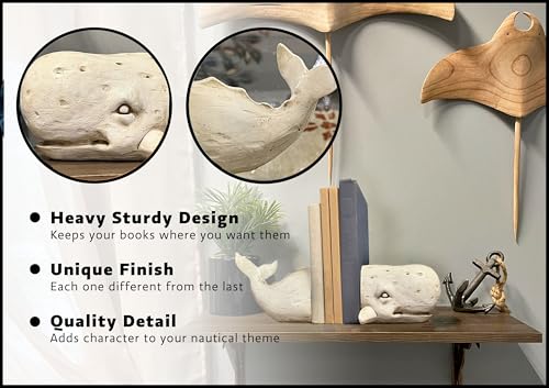 Sperm Whale Head and Tail Bookend Set, Off White Weathered Hand Painted Resin Nautical Bookends, 10 Inch Coastal Shelf Decor for Home Office, Bedroom or Living Room - color: Whale - Off-white