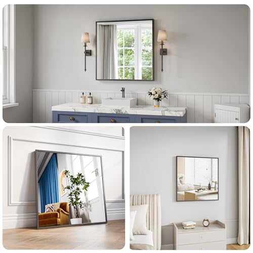 Koonmi Bathroom Mirror for Wall, 30"x30" Black Bathroom Mirror for Over Sink, Shatterproof Tempered Glass Vanity Mirror with Anti-Rust Aluminum Alloy Frame, Hang Horizontally or Vertically - color: Square Edged, size: 30"L x 30"W