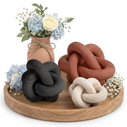 3 Pack Wooden Knot Decorations 3 Color Set Coordinated Boho Nautical Home Decor for Shelf, Wall, Tabletop, Sizes 3.94", 4.72", 5.91"(Rust) - color: Rust