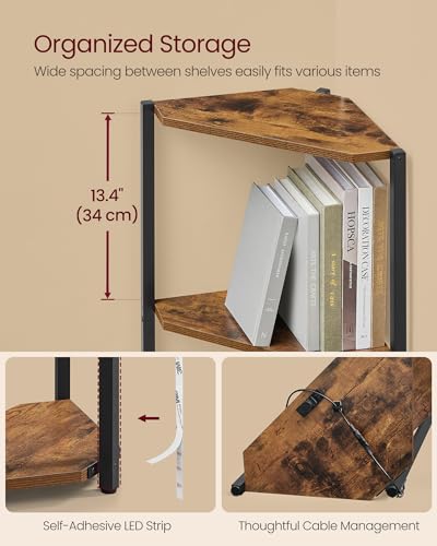 VASAGLE Corner Shelf Stand with LED Lights, 5-Tier Corner Bookshelf, Storage Shelf with Steel Frame, 9.8 x 18.9 x 57.7 Inches, for Living Room, Bedroom, Study, Rustic Brown ULBC590K01 - color: Rustic Brown