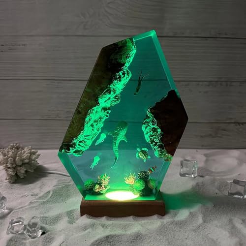 Ocean Creative Epoxy Resin Wood Light Lamp, Handmade Multi Color Aquatic Ocean Lamp Deep Sea Diver Cave Diving Enthusiasts Led Night Light Desktop Decor Christmas Birthday Gift (Shark And Diver, S) - color: Shark and Diver