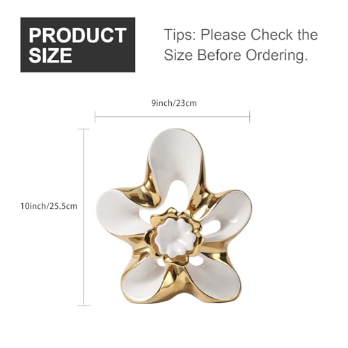 Ceramic Statue Home Decor Aesthetic Abstract Flower Sculpture Modern Decorative Statues for Living Room Bedroom Bookshelf Desktop Dinging Table Centerpiece Office (White and Gold) - color: White and Gold