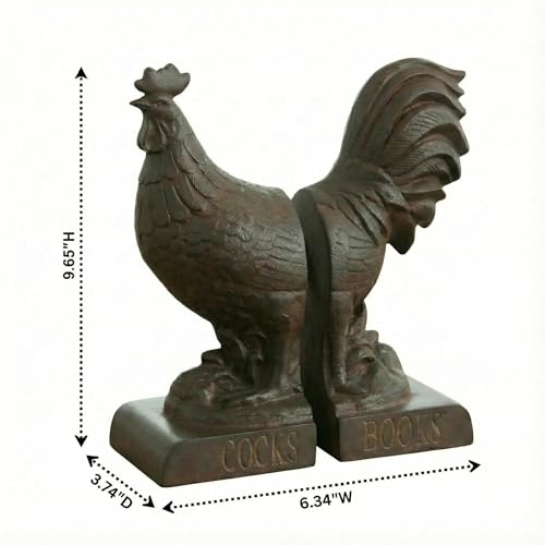 Comfy Hour 10" Bronze Rooster Antique Vintage Figurine Style Bookends, Rustic Farmhouse Animal Statue Home Decor, Heavy Duty Book Stoppers Pair