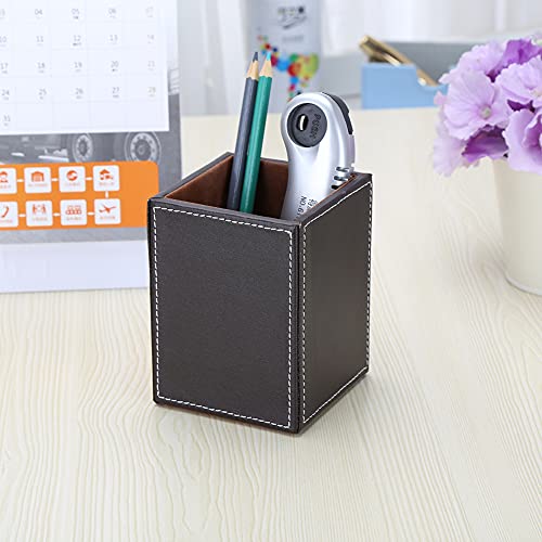KINGFOM PU Leather Square Pens Pencils Holder Cup Desktop Stationery Organizer Case Office Accessories Container Box Brown - color: Brown-S