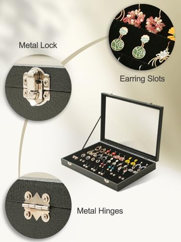 Coward Earring Organizer Tray Box, Black Velvet Earring Jewelry Display Storage Tray Case with Transparent Glass Lid for Home Drawer or Shop Selling - color: Black Velvet, size: Earring Box