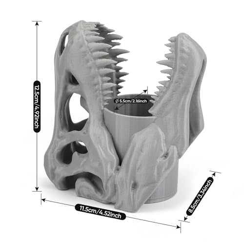 Cool Dinosaur Pen Holder, Dinosaur Skull Figurine Pencil Holder for Office Desk Decor, Funny Easter Gifts for Men and Boys, Grey T-Rex Desktop Organizer - color: Gray, size: Dinosaur Head