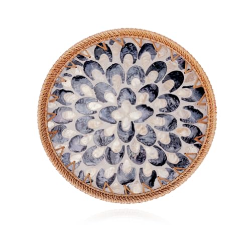 Shellac Rattan Tray with Mother of Pearl Inlay, Round Decorative Serving Tray for Home Décor Coffee Table Storage and Display, 100% Natural Materials - Ottoman Tray Black 13.5" - color: Black, size: 13.5"