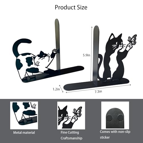 Cute Cat Bookends Metal Black Cat Book Ends for Shelves Bookshelf Decorative Accessories Home Office Desk Bookshelf Decor Cat Lover Gifts for Women