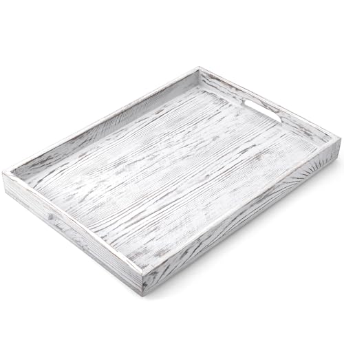 17 Inch White Serving Tray with Handles, Large Wooden Tray for Ottoman, Breakfast in Bed, Coffee Table, Dinner, Rectangular Wood Tray for Living Room Bedroom Entryway and Kitchen - color: White, size: 12" x 1.6" x 17"