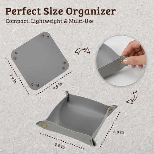 3 PACK PU Leather Jewelry Valet Tray Organizer, Foldable & Portable Catch All Bowl for Entryway Table, Nightstand, Desk & Travel | Storage Dish for Keys, Watch, Coin, Glasses (Grey) - color: Grey