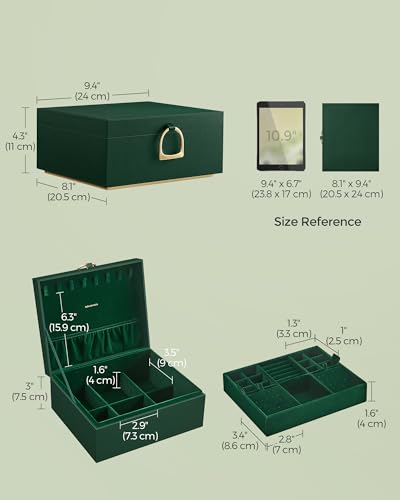 SONGMICS 2-Layer Jewelry Box, Jewelry Organizer with Handle, Removable Jewelry Tray, Jewelry Storage, Floating Effect, 8.1 x 9.4 x 4.3 Inches, Gift Idea, Forest Green UJBC165C01 - color: Forest Green