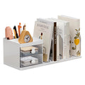 Desk Organizer with Bookends, Desktop Storage Box with 2 Drawers 3 Top Compartments and 4 Bookends, Multi-Functional Desk Accessories Organizer for Home Office School Supplies (White)