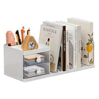 Desk Organizer with Bookends, Desktop Storage Box with 2 Drawers 3 Top Compartments and 4 Bookends, Multi-Functional Desk Accessories Organizer for Home Office School Supplies (White)