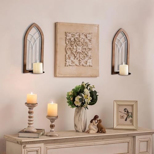 SOFE Farmhouse Wall Candle Holder, Rustic Candle Sconces Set of Two Arch Cathedral Window Decor, Wall Mounted Pillar Candle Holders for Living Room, Bedroom, Hallway, Brown