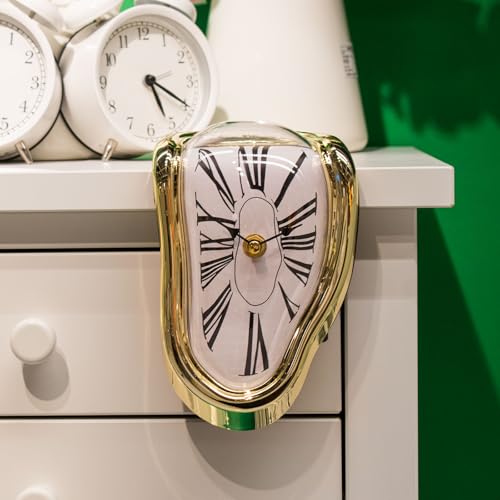 Melting Shelf Clock Art Decor - Salvador Dali Surreal Dripping, 8x4 in Bright Gold Polished Shelf & Desk Gift - color: Gold