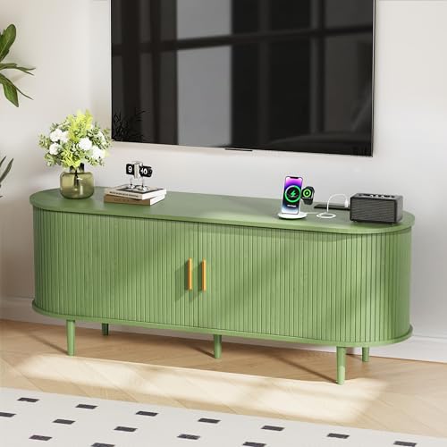 DHH 55 Inch Mid Century Modern TV Stand with Power Outlet for TVs up to 60 Inch, Entertainment Center with Storage and Adjustable Shelves, Media Console with Sliding Doors for Living Room(Green) - color: Green, size: 55 Inch