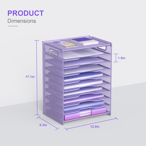 OUTWOLF 10 Tier Paper Organizer - Letter Tray Mesh Desk File Organizer with Handles for Office School Desktop, Purple - color: Purple