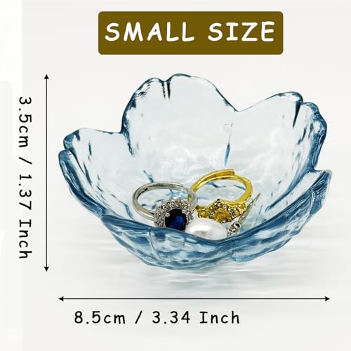 Flower Ring Dish Jewelry Tray, Glass Jewelry Dish Tray, Aesthetic Room Decor Small Trinket Dish, Nightstand Jewlery Ring Holder Dish, Bathroom Jewelry Plate Bowl for Rings Earrings Wife Gift (Blue) - color: Blue