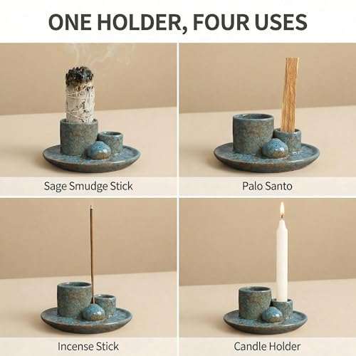 Palo Santo Sticks Holder, Multi-Purpose Handmade Ceramic Incense Burner for Palo Santo Incense Sticks, Sage Holder for Burning, Ash Catcher Tray for Meditation Yoga Room-Light Blue - color: Light Blue