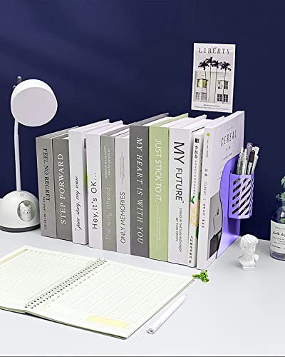 MSDADA Adjustable Bookends, Metal Book Ends for Heavy Books, Expandable Book Organizer with Pen Holder for Desk, Shelf, Office, The First Day of School Stationery Gift for Students,Teachers (Purple) - color: Purple