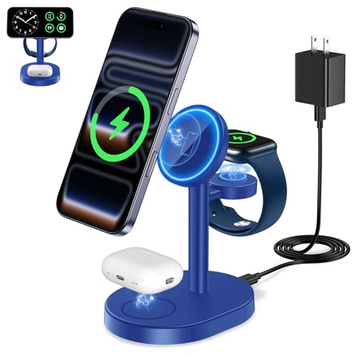 Hevanto 2026 3 in 1 Wireless Charging Station for Apple MagSafe Charger, 15W Fast Magnetic Mag-Safe Charger Stand for iPhone 17 16 15 14 13 12 Apple Watch AirPods with MagSafe Case, Blue - color: Blue