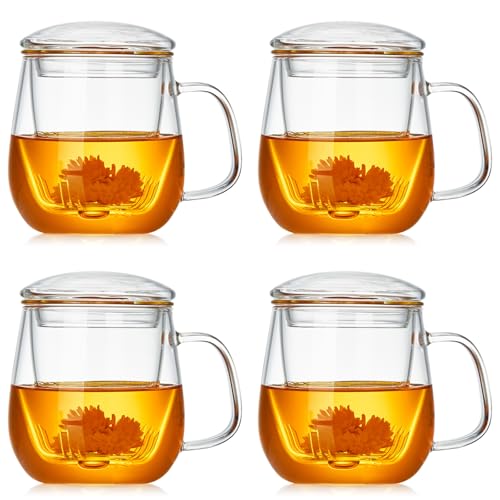 DOPUDO Glass Teacups 4 Pack Glass Tea Cup with Infuser and Lid, 17.6oz/520ml Large Borosilicate Teacup,Tea Clear Mug Cup for Loose Leaf Blooming Tea, Microwave & Dishwasher Safe. - size: 4 Count (Pack of 1)