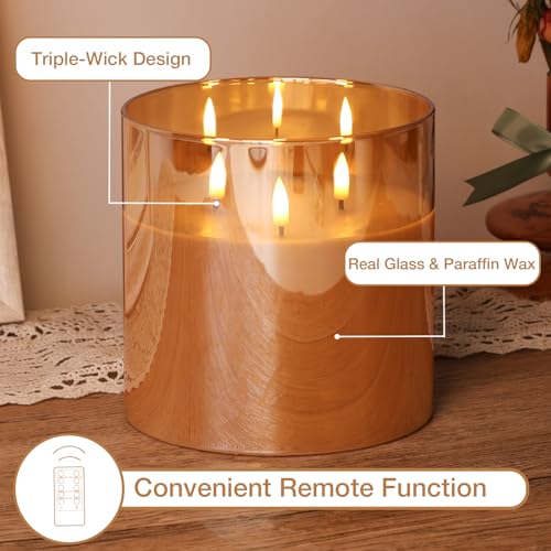 Eywamage 3 Wick Gold Glass Flameless Candle with Remote, Large Flickering LED Battery Pillar Candle Φ 6" H 6" - color: Gold