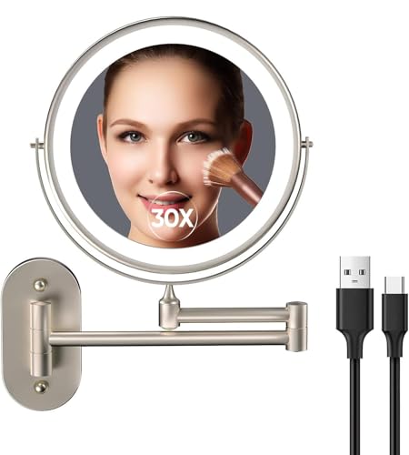 5000mAh Rechargeable Wall Mounted Lighted Makeup Vanity Mirror, Double Sided 1X 30X Magnifying Bathroom Mirror, 3 Color Lighting, Touch Screen Dimming, Extended Arm 360 Rotation Shaving Mirror - color: Brushed Nickel