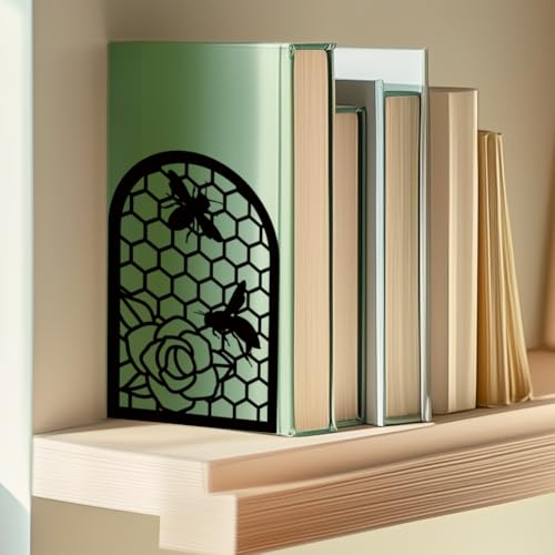 Black Metal Bookends for Shelves Decor Bees Heavy Duty Bookends for Book Supports Vintage Flower Book Stopper for Office Book Holder Shelf Accessories Unique 7x4.7x3.5 inch 1 Pairs/2 Pcs - style: Honeycomb